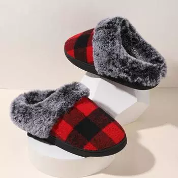 Plush slippers plaid warm plush cotton slippers home non-slip thick winter cotton slippers 36-37fit22.5cm-23cm бежевый