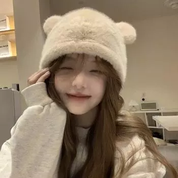 Plush Thickened All-In-One Kawaii Bear Ear Beanie Windproof Scarf Hooded Ear Protection Cap