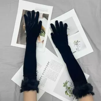 Plush Velvet Long Gloves Cosplay Etiquette Mittens Red/Black Christmas Gloves Winter Black Satin