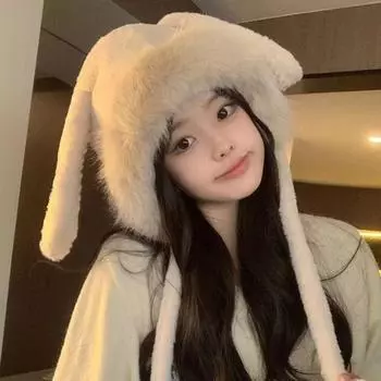 Plush Warm Bunny Ear Hat Winter Ear Protection Hat Lovely Rabbit Ear Hat Women белый