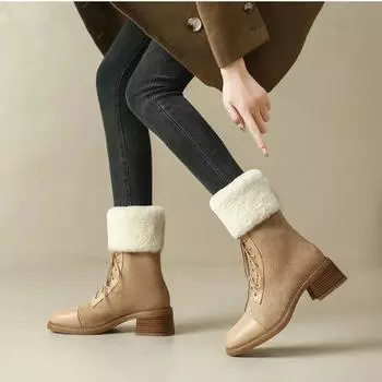 Plush Women Ankle Boots Elegant Low Heel Booties Ladies Lace Up Elegant Warm Morder Short Boots Comfort Women s Footwear2024 35 чёрный
