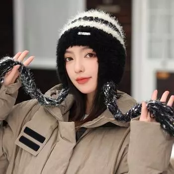 Плюшевая двойная плетеная шапка женская новая вязаная шерстяная шапка универсальная, маленькое лицо, утолщенная зимняя теплая шапка с ушками average size
