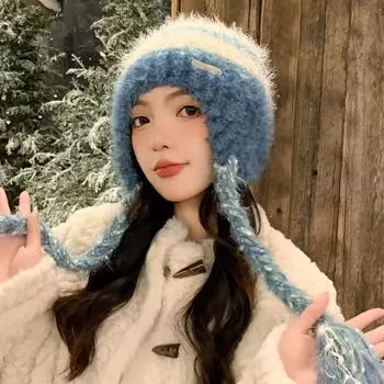 Плюшевая двойная плетеная шапка женская вязаная шерстяная шапка универсальная, маленькое лицо, утолщенная зимняя теплая шапка-ушанка