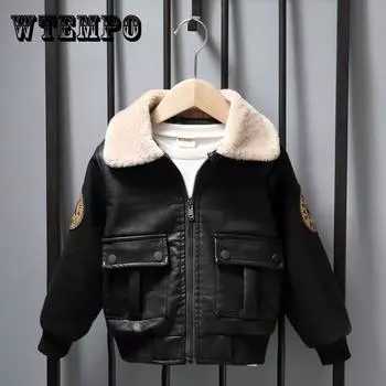 Плюшевая флисовая кожаная куртка для мальчиков, утепленная флисовая детская осенне-зимняя куртка, теплое пальто, детское пальто в иностранном стиле 150