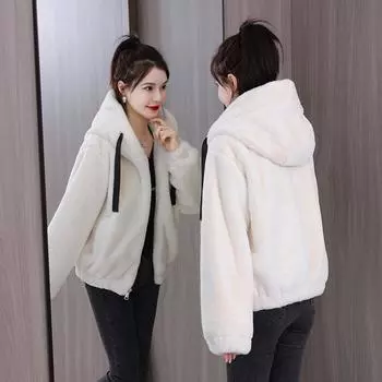 Плюшевая и толстая куртка с капюшоном из кроличьей шерсти для женщин, короткая зимняя новая свободная плюшевая куртка с длинными рукавами L