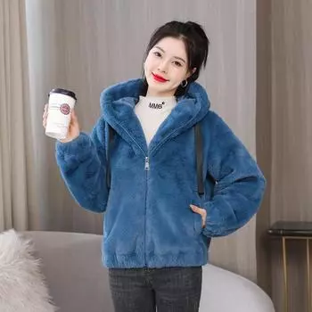 Плюшевая и толстая куртка с капюшоном из кроличьей шерсти для женщин, короткая зимняя новая свободная плюшевая куртка с длинными рукавами L