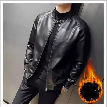 Плюшевая и утолщенная кожаная куртка, мужская бейсбольная шея, мужская кожаная куртка для летного мотоцикла, приталенная модная езда 4XL чёрный