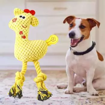 Плюшевая игрушка для жевания для домашних животных, чистка зубов, устойчивая к укусам, в форме оленя, пищащая игрушка для жевания кошек и собак с хлопковой веревкой желтого цвета