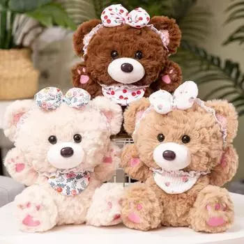 Плюшевая игрушка с мультяшным медведем и повязкой на голову с бантом, нагрудник, кукла, плюшевая мягкая игрушка для офиса, домашний диван для спальни бежевый