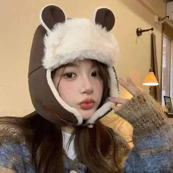 Плюшевая искусственная меховая шапка пилота теплая защитная шапка для ушей модная шапка пилота с медвежьими ушками для мужчин и женщин хаки