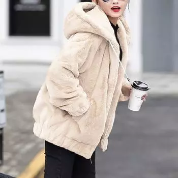 Плюшевая карманная куртка с капюшоном из искусственного кролика для женщин. Свободный плюшевый женский топ с длинными рукавами. XXL бежевый