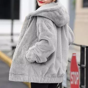 Плюшевая карманная куртка с капюшоном из искусственного кролика для женщин. Свободный плюшевый женский топ с длинными рукавами. M бежевый