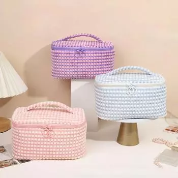 Плюшевая клетчатая косметичка-перевертыш для женщин, большая вместительная косметичка, несессер, косметичка с ручкой, дорожный органайзер для косметики фиолетовый