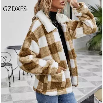 Плюшевая клетчатая куртка с кардиганом на молнии и лацканами осенью и зимой S