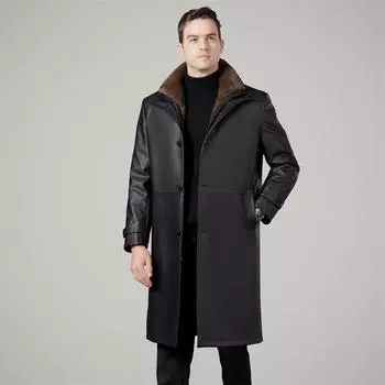 Плюшевая кожаная куртка для мужчин, для пап среднего возраста, новый стиль на осень и зиму, съемная подкладка, длинная кожаная куртка, которую можно носить отдельно M чёрный