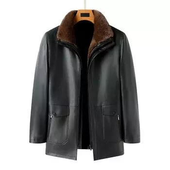 Плюшевая кожаная куртка для мужчин, для пап среднего возраста, новый стиль на осень и зиму, съемная подкладка, можно носить отдельно, кожаная куртка средней длины M чёрный