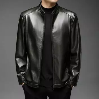 Плюшевая кожаная куртка для мужчин на осень и зиму, новая куртка из мягкой кожи с воротником-стойкой, мужская свободная повседневная кожаная куртка 170
