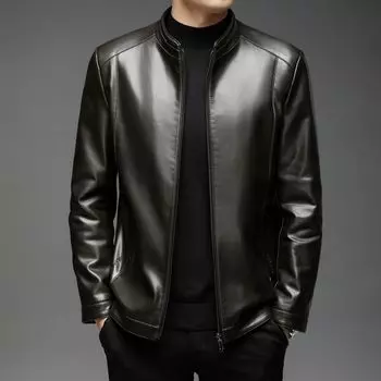 Плюшевая кожаная куртка для мужчин. Осень и зима. Новая мягкая кожаная куртка с воротником-стойкой. Куртка для мужчин среднего возраста. Свободная повседневная кожаная куртка. 4XL