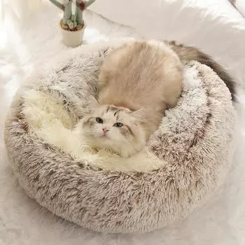 Плюшевая круглая кровать для кошек, матрас для домашних животных, теплая мягкая удобная корзина для кошек и собак, спальный мешок 2 в 1, гнездо для маленьких кошек и щенков 35cm