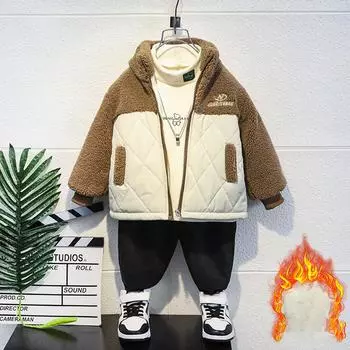 Плюшевая куртка для мальчиков с хлопковой курткой 2024 года, тонкая детская хлопковая куртка, красивая детская осенне-зимняя одежда, плотная куртка 150 бежевый