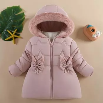 Плюшевая куртка для маленьких девочек, зимнее пальто с бантом и подкладкой из овечьей шерсти, детский меховой воротник с капюшоном, толстый зимний комбинезон 110cm красный