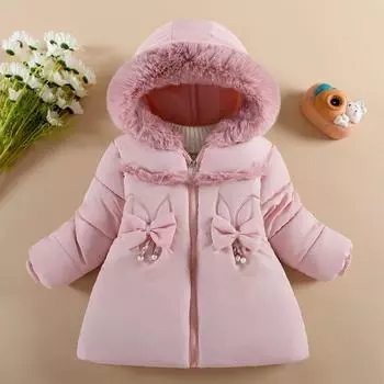 Плюшевая куртка для маленьких девочек, зимнее однотонное пальто с бантом и подкладкой из овечьей шерсти для детей 1-4 лет, меховой воротник, капюшон, толстый зимний комбинезон 110cm красный