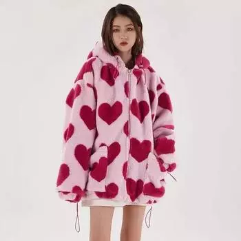 Плюшевая куртка Harajuku Heart Full Printed, женская зимняя корейская куртка большого размера с длинным рукавом и капюшоном из хлопка XXL чёрный