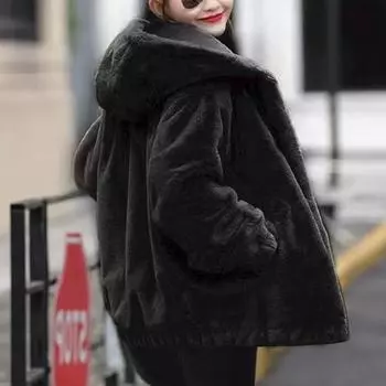 Плюшевая куртка с капюшоном и карманом из искусственного меха для женщин, свободный плюшевый топ с длинными рукавами для женщин L чёрный