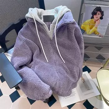 Плюшевая куртка с капюшоном, женская осенне-зимняя теплая утолщенная искусственная двухсекционная фиолетовая куртка, удобная повседневная свободная куртка-свитер XXL фиолетовый