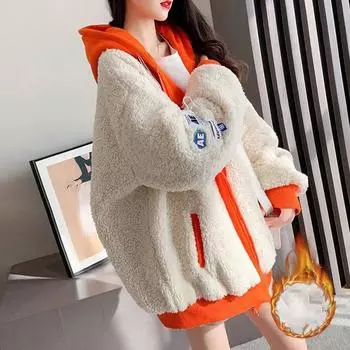 Плюшевая куртка, женская осенне-зимняя утолщенная свободная куртка с капюшоном и подкладкой, свободная удобная повседневная куртка большого размера L оранжевый