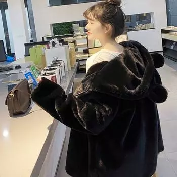 Плюшевая куртка женская зимняя искусственный мех кролика Рекс средняя и длинная новая утепленная куртка с капюшоном S