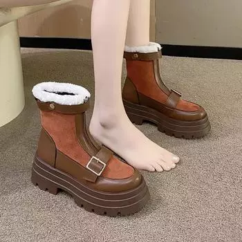 Плюшевая меховая теплая зимняя обувь сексуальная молния спереди женские зимние теплые высокие ботильоны на толстом высоком каблуке 35 чёрный