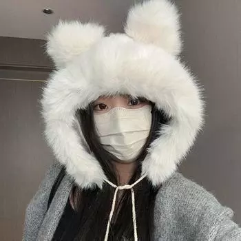 Плюшевая милая шапка с ушками медведя, утолщенная женская пушистая шапка, модная шляпа-ведро из искусственного меха для девочек белый