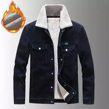 Плюшевая мужская куртка осень-зима новый стиль молодежный трехмерный накладной карман повседневный джинсовый однотонный однобортный мужской хлопковый тренд пальто M чёрный