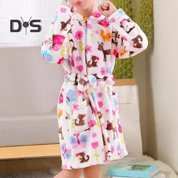 Плюшевая одежда для дома с завязкой на талии, кардиган с капюшоном, пояс с принтом, повседневная одежда, различные стили, коралловый флисовый халат для девочек, пижама для дома 7-8 Years розовый