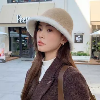 Плюшевая панама в тон, женская, осенне-зимняя, теплая, новая, повседневная, универсальная, с изображением лица, с маленьким бантом, шляпа-тазик M56-58cm хаки