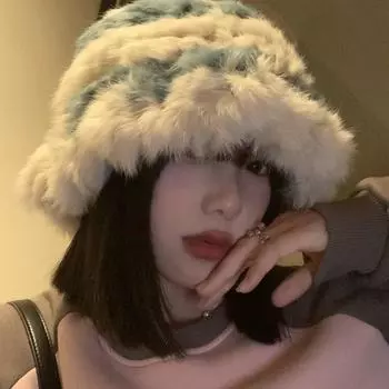 Плюшевая панама женская осенне-зимняя теплая большая окружность головы показывающая лицо маленькая пушистая шапка вязаная шерстяная шапка из меха кролика M56-58cm