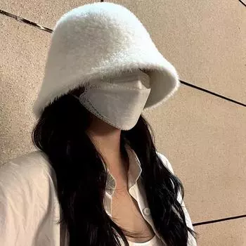 Плюшевая панама женская осенне-зимняя универсальная большая окружность головы показывает маленькое лицо теплая панама белая пушистая шапка M (56-58cm) imitation mink bucket cap белый