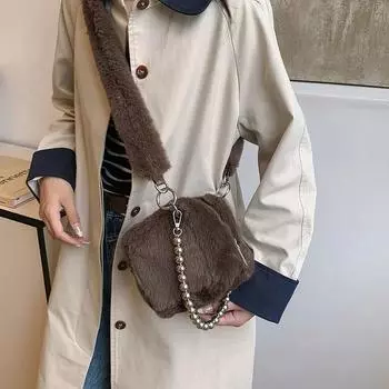 Плюшевая плюшевая маленькая сумка через плечо, модная минималистичная сумка с жемчужной цепочкой, красивая универсальная сумка через плечо чёрный