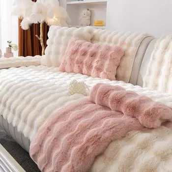 Плюшевая подушка для дивана с кроликом, зимняя утолщенная флисовая подушка, теплая нескользящая прямая трехместная подушка для дивана 70*70cm