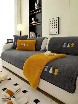 Плюшевая подушка для дивана с ягненком, зимняя теплая утолщенная Нескользящая ткань для дивана в гостиной, универсальный кожаный чехол для дивана-реклайнера 70x70cm 1pcs