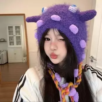 Плюшевая шапка-бини с глазами улитки, вязаная шапка с кисточками, симпатичная кепка из волокна альпаки, кепка для улицы зелёный/розовый