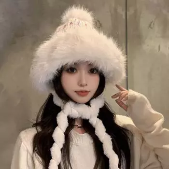 Плюшевая шапка Lei Feng женская зимняя с милым личиком маленькая плюшевая утолщенная шерстяная вязаная велосипедная защита ушей теплая шапка прилив M56-58cm