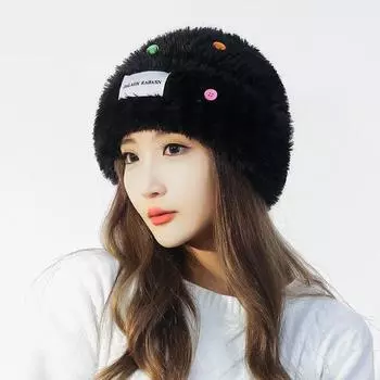 Плюшевая шапка с цветными пуговицами, женская осенне-зимняя шапка с рукавами, теплая шерстяная шапка, шапки-бини, лыжная кепка с напуском чёрный