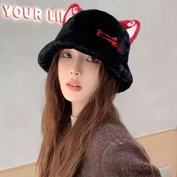 Плюшевая шапка в национальном стиле для женщин, зимняя, симпатичная, кошачьи ушки, интернет-знаменитость, теплая, плюшевая мордашка, маленькая, кроличья шерсть, шляпа-ведро M56-58cm