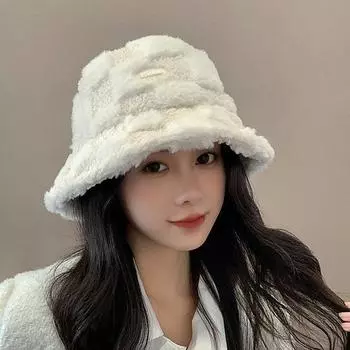Плюшевая шапка в рыбацком стиле с ягненком для девочек, флисовая клетчатая панама, зимняя морозостойкая утолщенная кепка, теплая кепка с широкими полями на открытом воздухе кофейный