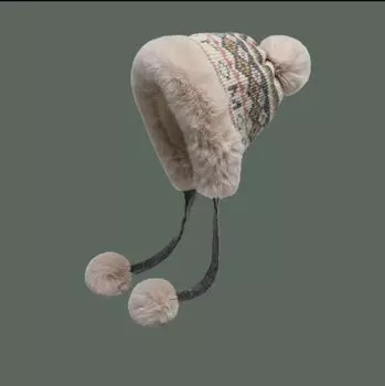 Плюшевая шапка в стиле ретро в этническом стиле для женщин, теплая зимняя защита ушей, вязаная сумка, утолщенная, чтобы показать лицо, маленькая шапка Lei Feng, защита от холода one size fits all бежевый