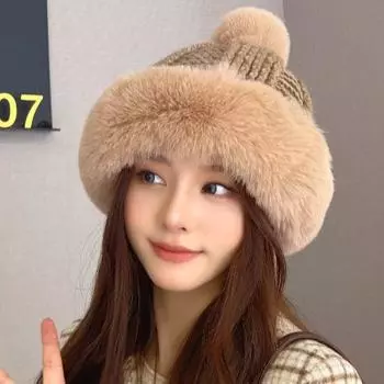 Плюшевая шапка женская осенне-зимняя корейская версия с изображением маленького лица, плюшевая шапка утолщенная и теплая вязаная шерстяная защита для ушей H 56-59cm белый