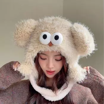 Плюшевая шапка женская осенне-зимняя милая иностранная шапка с мультяшными ушками, большая окружность головы, милая женская защитная шапка Lei Feng M56-58cm белый