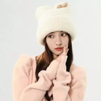 Плюшевая шапка женская осенне-зимняя с медвежьими ушками и бантом, плюшевая шапка однотонная, милая, защитная, для ушей, пуловер, шапка для бассейна 56cm-60cm чёрный